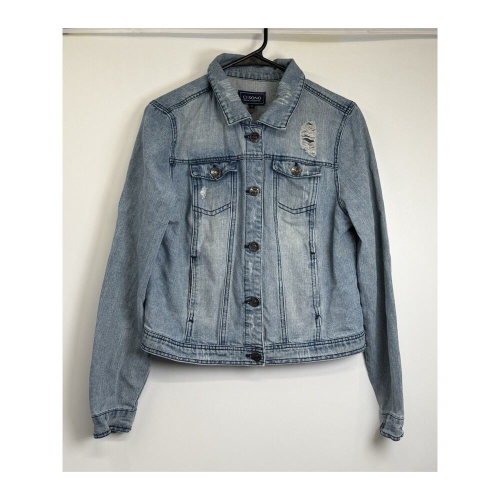 Cisono Denim Collection Light Wash Distressed Denim Jacket Floral Bird Patch L